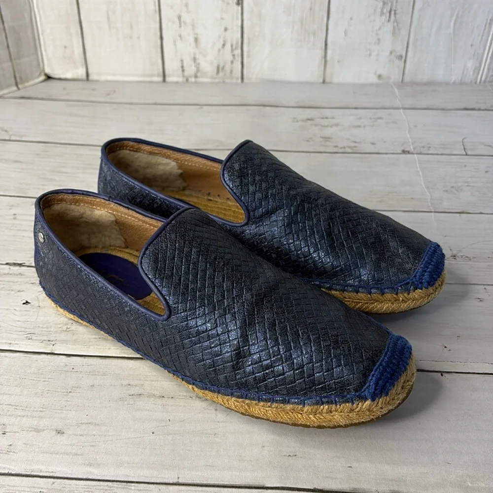 UGG SANDRINNE METALLIC LEATHER BASKET WEAVE BLUE ESPADRILLE